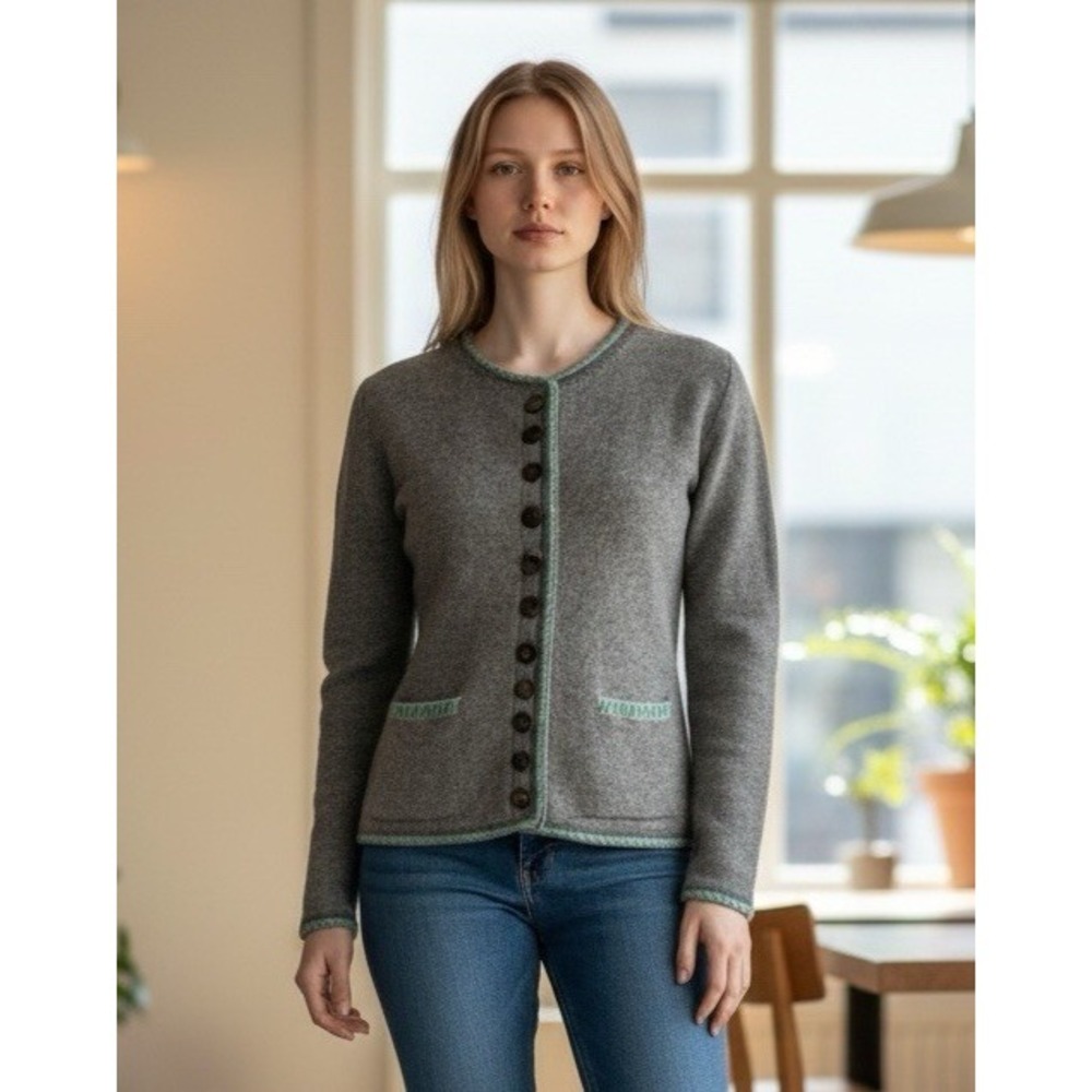 Sundance Women's XS Merino Wool Cardigan Sweater Gray Teal Pockets EUC